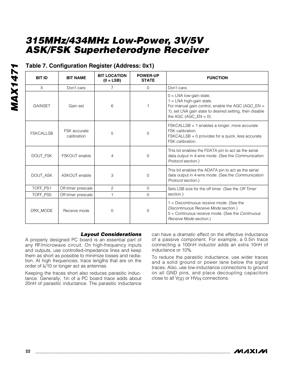 Max1471, Table 7. configuration register (address: 0x1) | Rainbow Electronics MAX1471 User Manual | Page 22 / 26