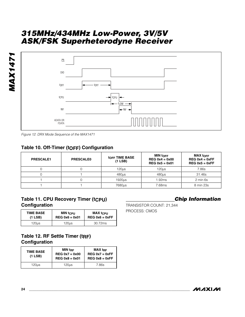 Chip information, Table 12. rf settle timer (trf) configuration, Table 10. off-timer (toff) configuration | Table 11. cpu recovery timer (tcpu) configuration | Rainbow Electronics MAX1471 User Manual | Page 24 / 26