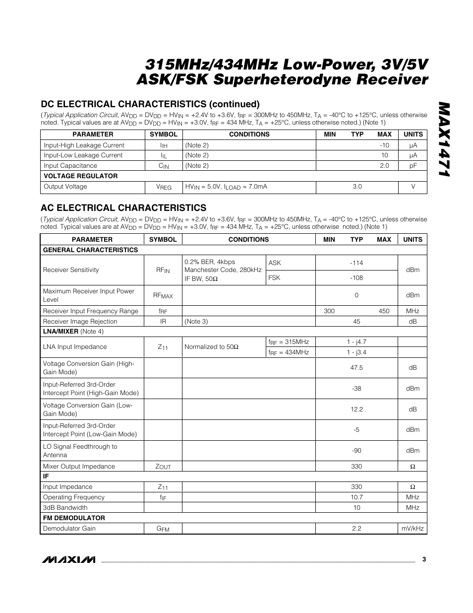 Dc electrical characteristics (continued), Ac electrical characteristics | Rainbow Electronics MAX1471 User Manual | Page 3 / 26