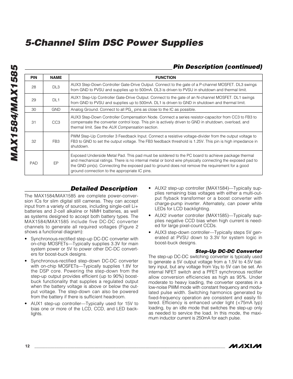 Detailed description, Pin description (continued) | Rainbow Electronics MAX1585 User Manual | Page 12 / 29