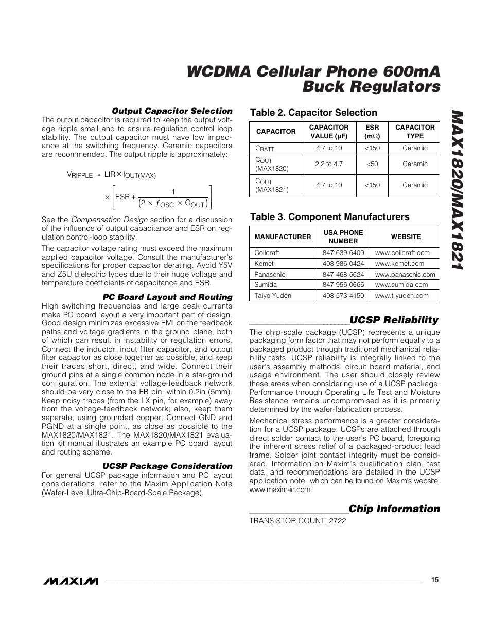 Ucsp reliability, Chip information, Table 2. capacitor selection | Table 3. component manufacturers | Rainbow Electronics MAX1821 User Manual | Page 15 / 18