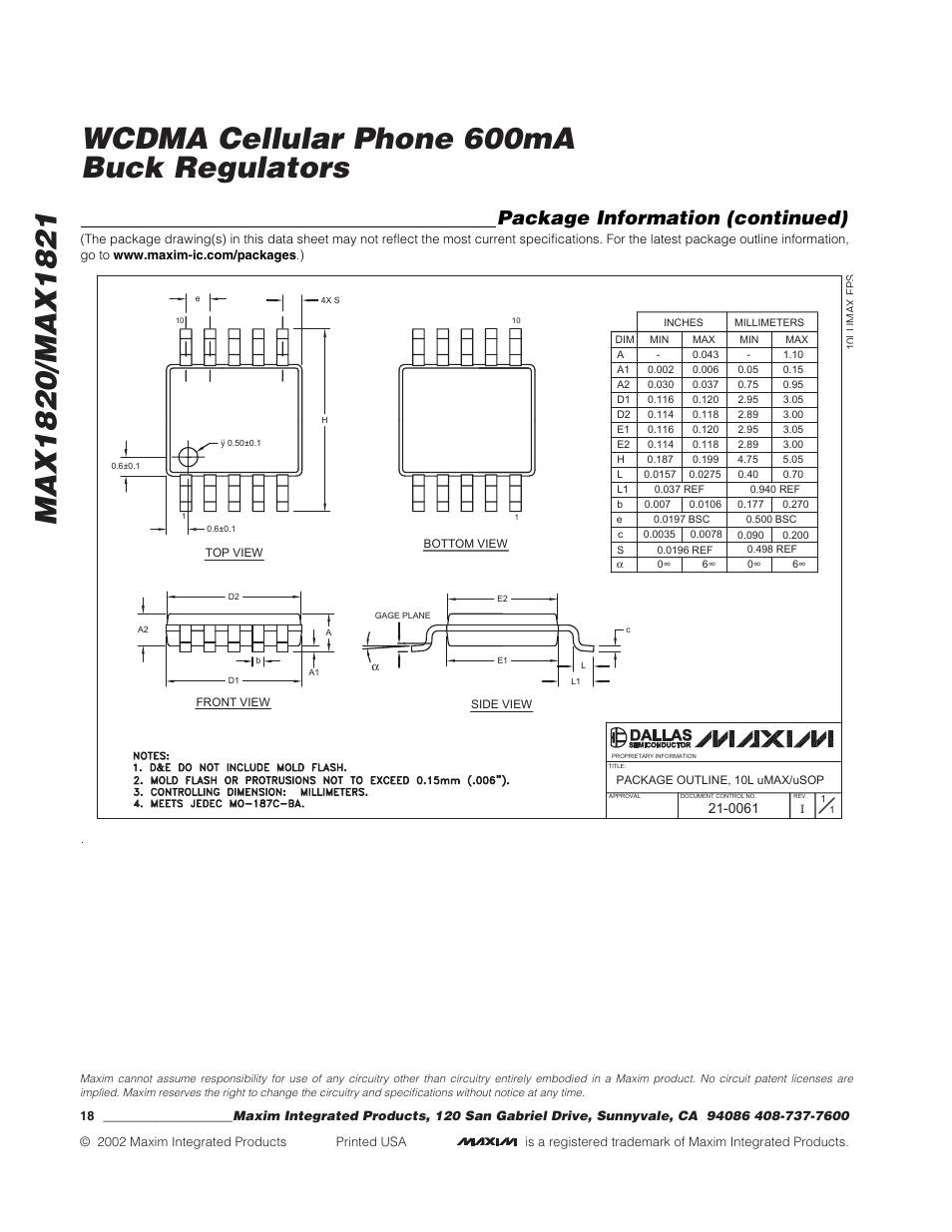 Package information (continued) | Rainbow Electronics MAX1821 User Manual | Page 18 / 18