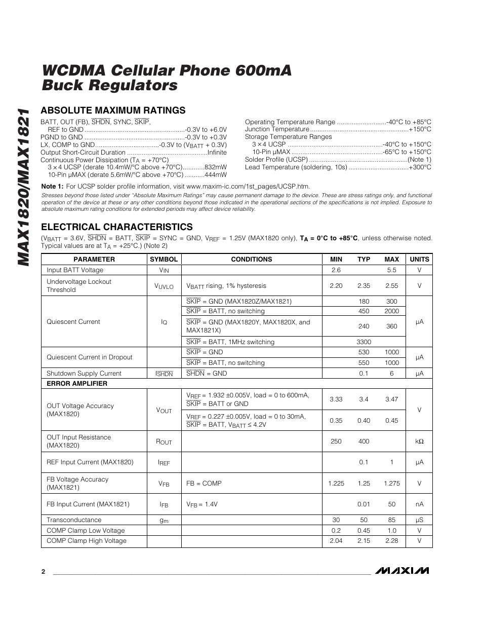 Absolute maximum ratings, Electrical characteristics | Rainbow Electronics MAX1821 User Manual | Page 2 / 18