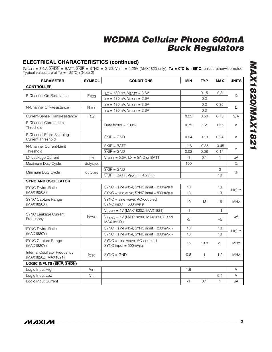 Electrical characteristics (continued) | Rainbow Electronics MAX1821 User Manual | Page 3 / 18