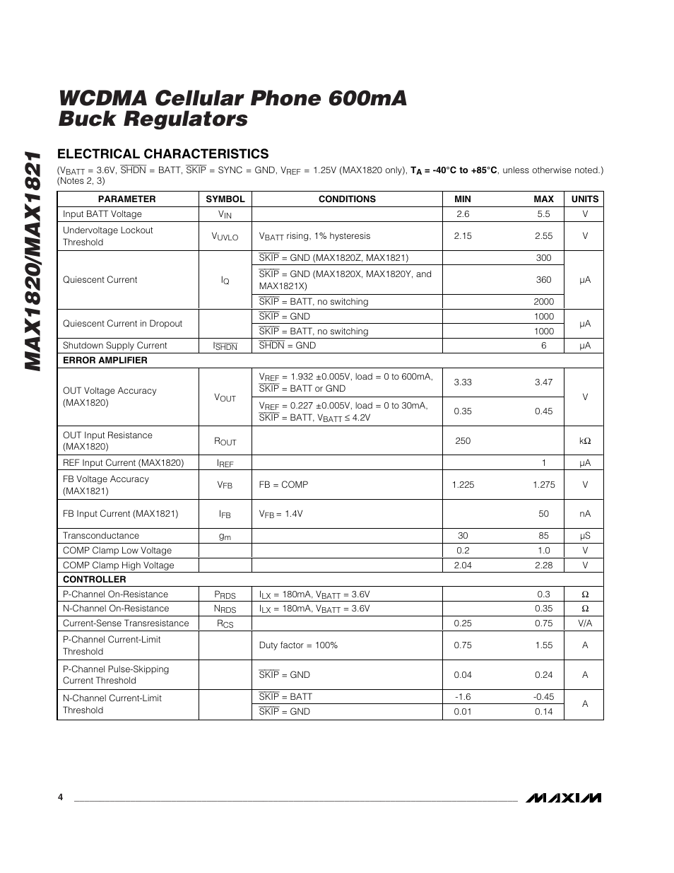 Electrical characteristics | Rainbow Electronics MAX1821 User Manual | Page 4 / 18