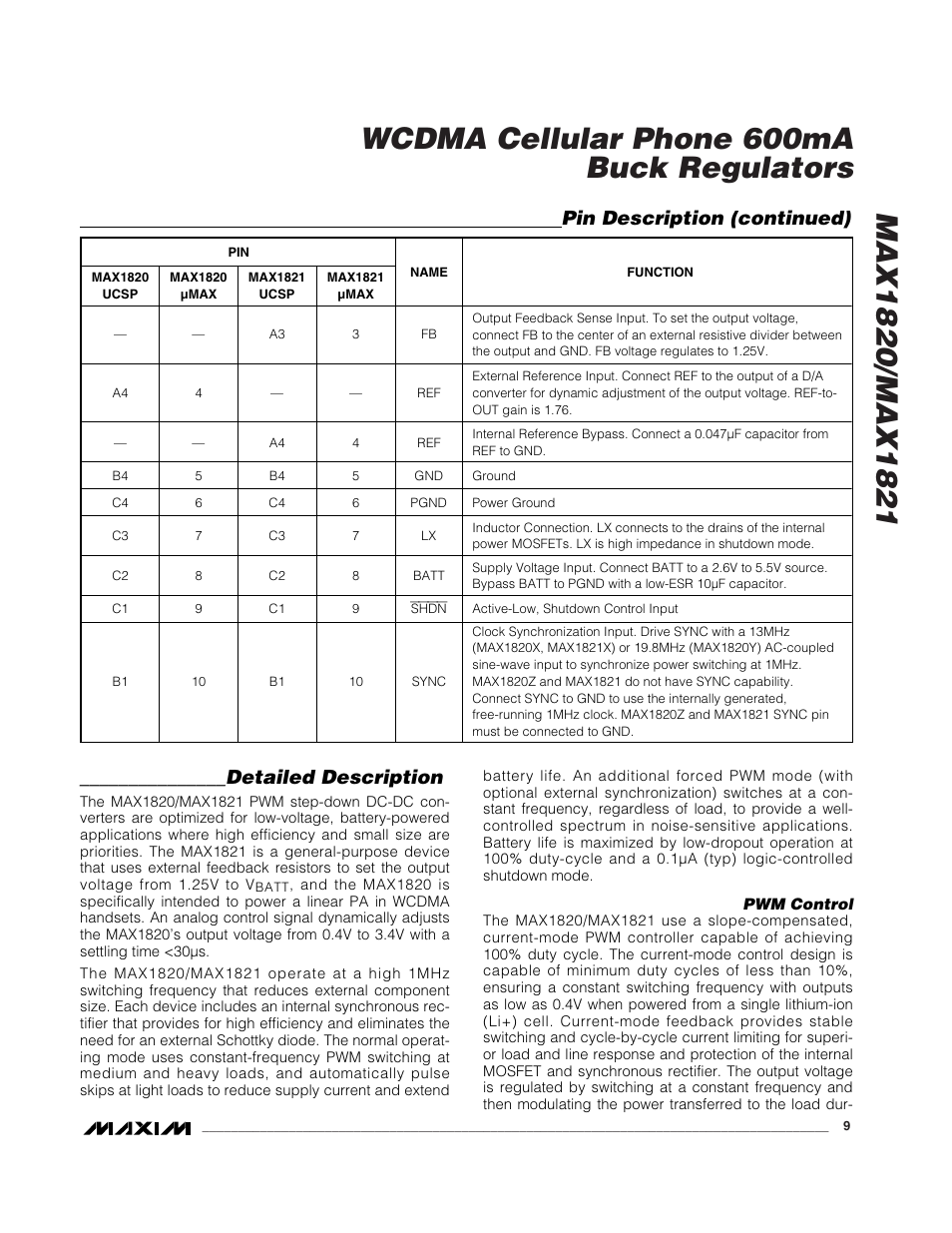 Detailed description, Pin description (continued) | Rainbow Electronics MAX1821 User Manual | Page 9 / 18