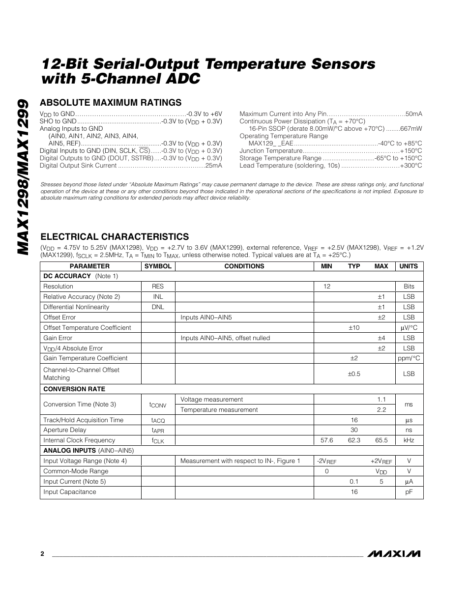 Rainbow Electronics MAX1299 User Manual | Page 2 / 20