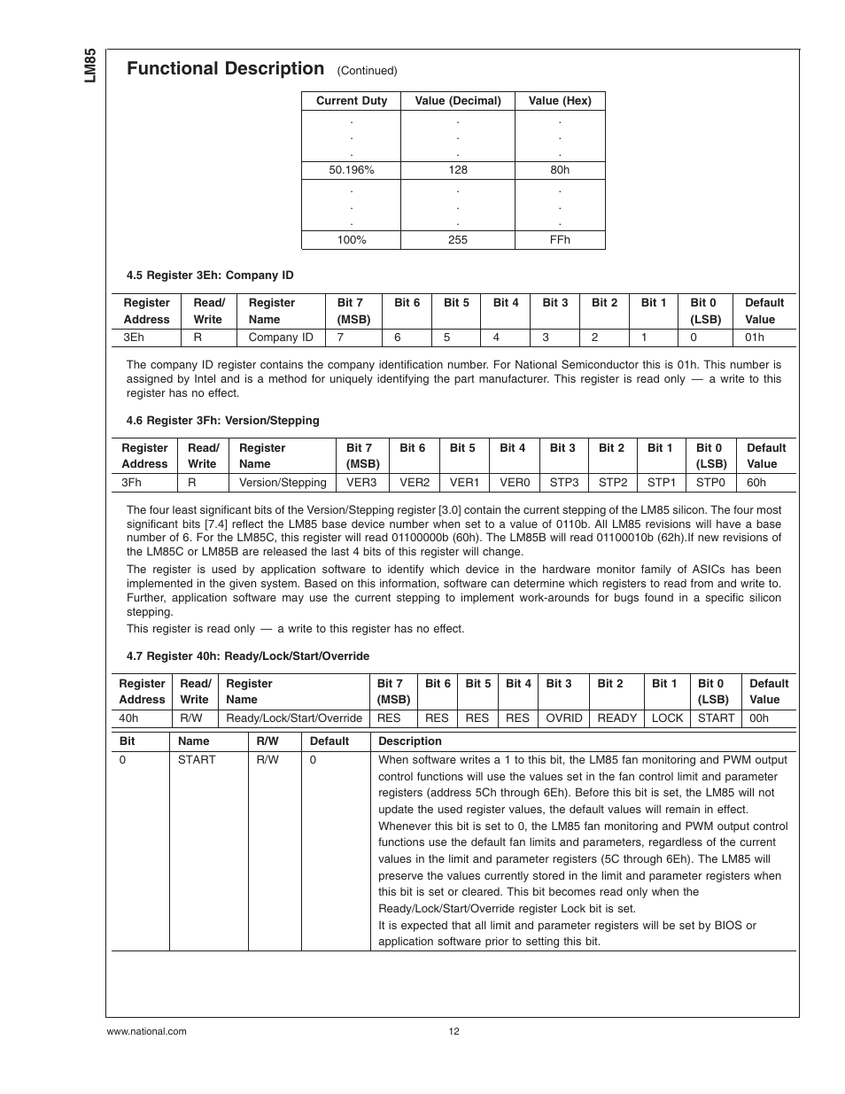 5 register 3eh: company id, 6 register 3fh: version/stepping, 7 register 40h: ready/lock/start/override | Functional description | Rainbow Electronics LM85 User Manual | Page 12 / 26