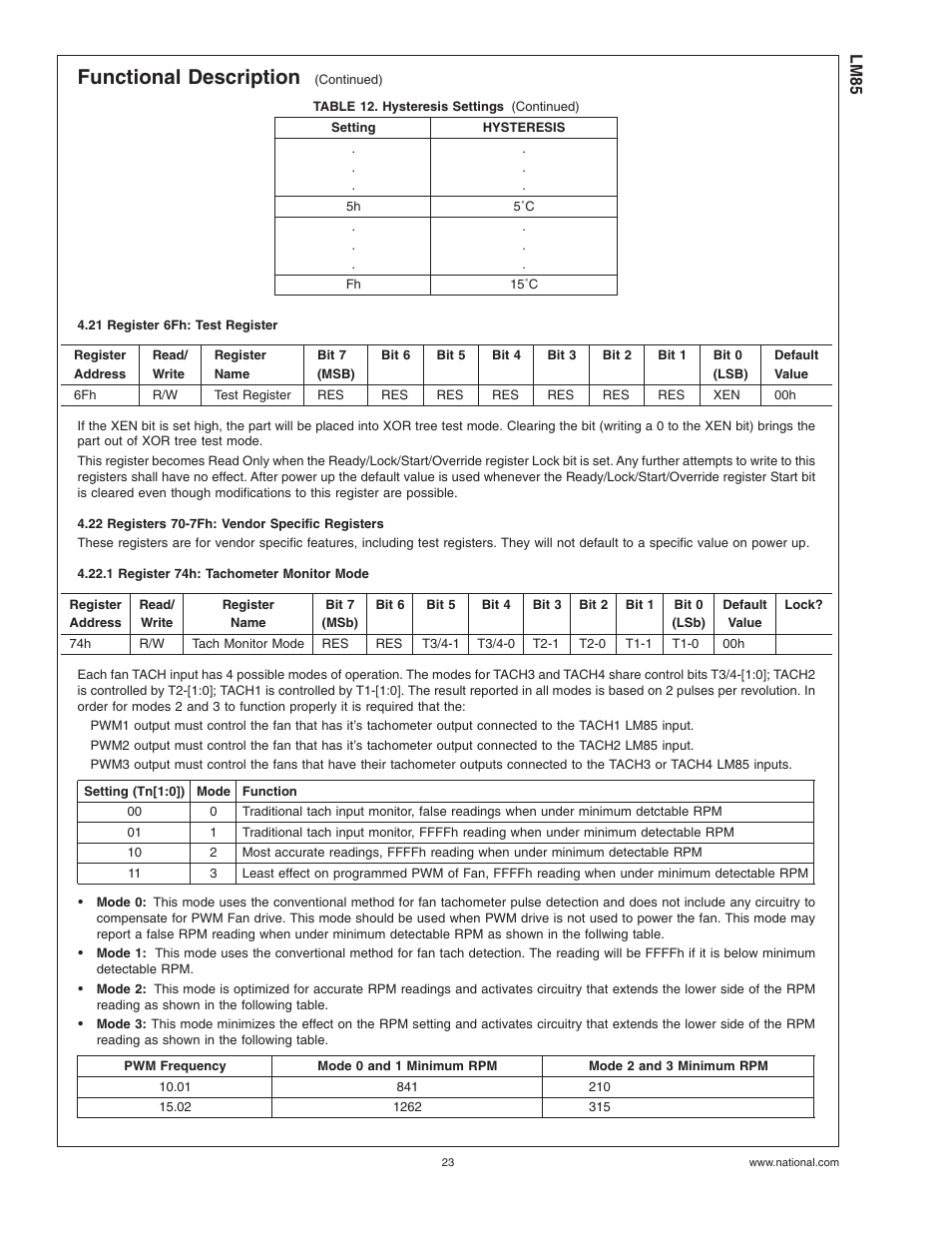 21 register 6fh: test register, 22 registers 70-7fh: vendor specific registers, 1 register 74h: tachometer monitor mode | Functional description | Rainbow Electronics LM85 User Manual | Page 23 / 26