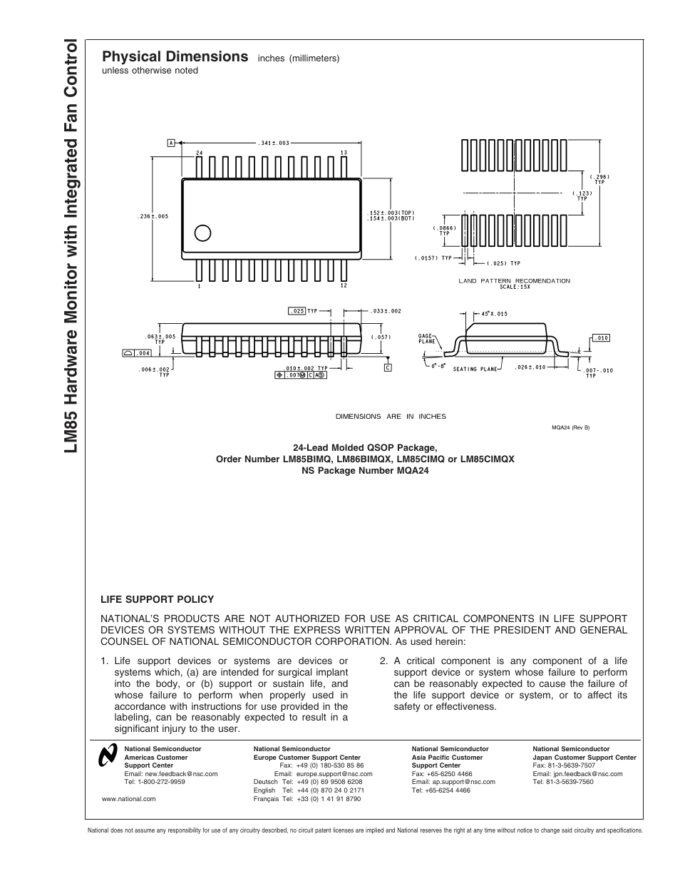 Physical dimensions, Lm85 hardware monitor with integrated fan control | Rainbow Electronics LM85 User Manual | Page 26 / 26