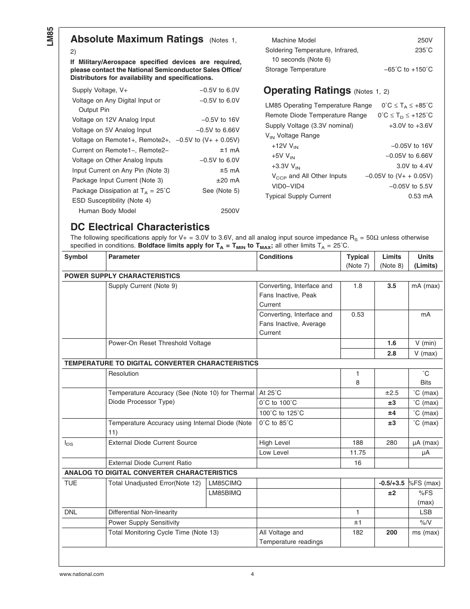 Absolute maximum ratings, Operating ratings (notes , ), Dc electrical characteristics | Operating ratings | Rainbow Electronics LM85 User Manual | Page 4 / 26