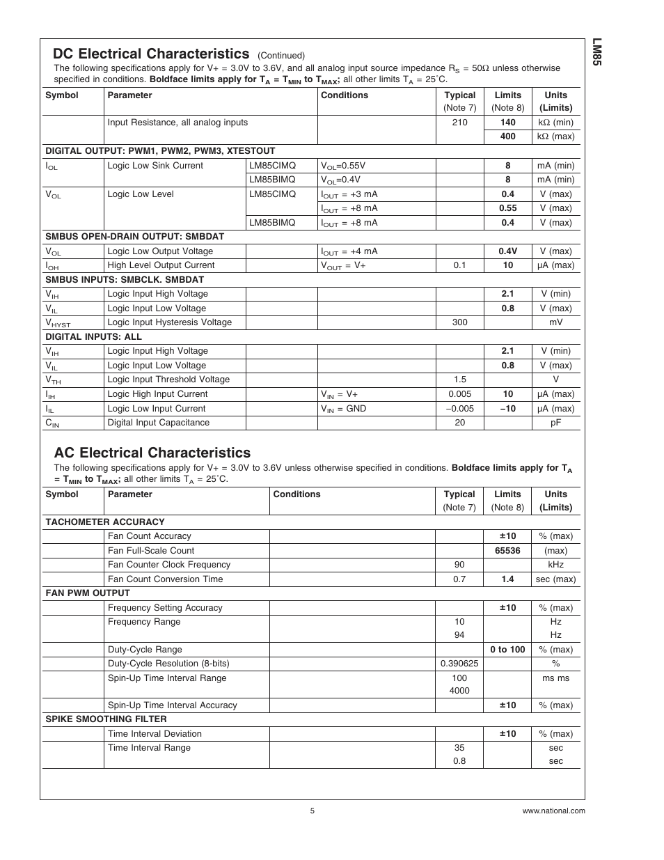 Ac electrical characteristics, Dc electrical characteristics, Lm85 | Rainbow Electronics LM85 User Manual | Page 5 / 26