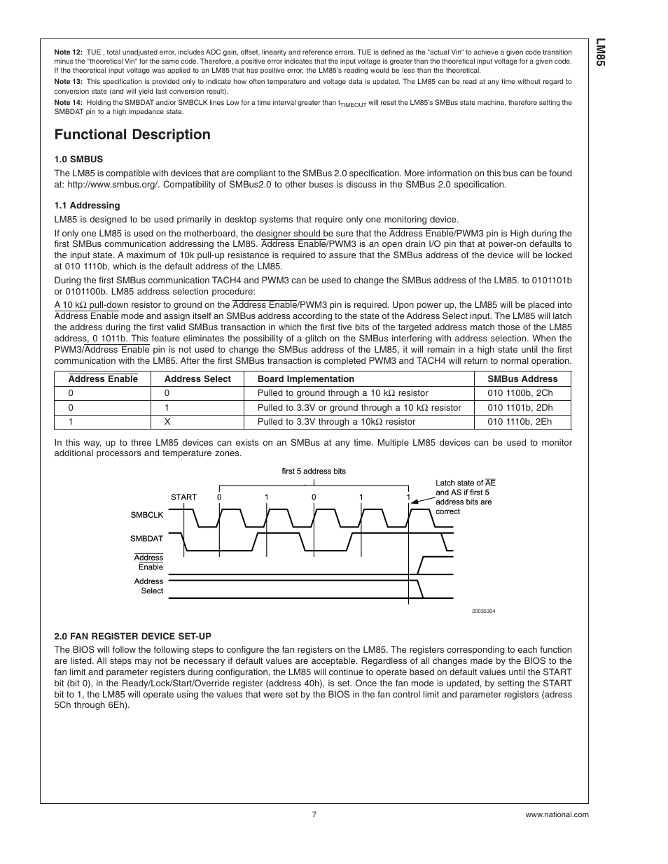 Functional description, 0 smbus, 1 addressing | 0 fan register device set-up, Error(note 12), Note 13), Logic(note 14), Lm85 | Rainbow Electronics LM85 User Manual | Page 7 / 26