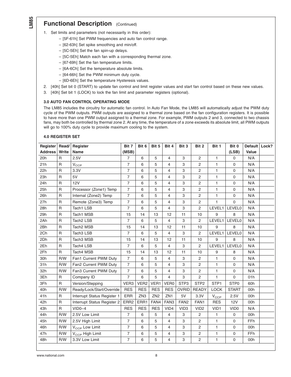 0 auto fan control operating mode, 0 register set, Functional description | Rainbow Electronics LM85 User Manual | Page 8 / 26