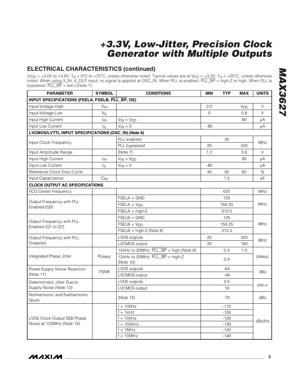 Electrical characteristics (continued) | Rainbow Electronics MAX3627 User Manual | Page 3 / 11