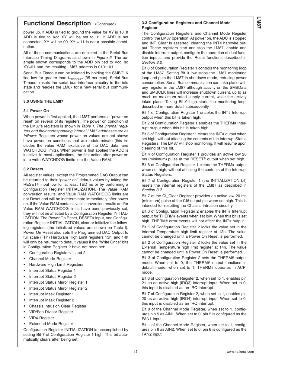 0 using the lm87, 1 power on, 2 resets | Functional description | Rainbow Electronics LM87 User Manual | Page 13 / 32