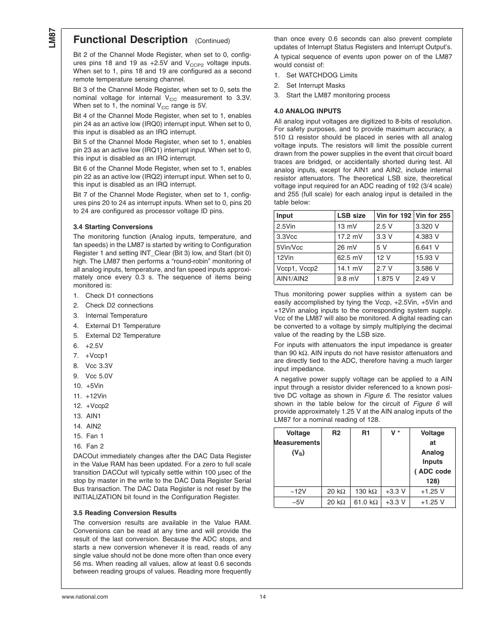 4 starting conversions, 5 reading conversion results, 0 analog inputs | Functional description | Rainbow Electronics LM87 User Manual | Page 14 / 32