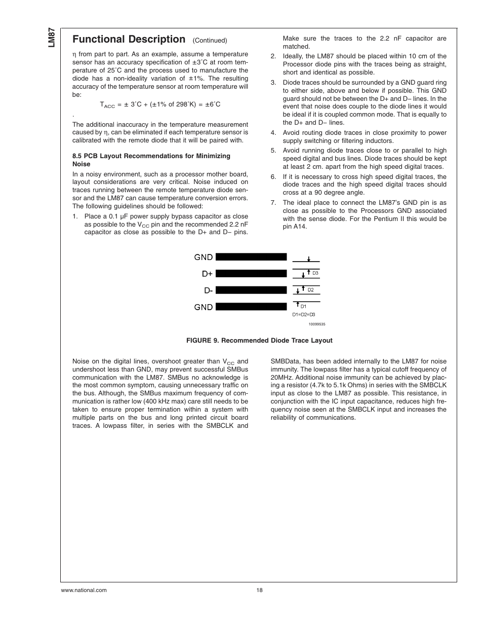 5 pcb layout recommendations for minimizing noise, Figure 9. recommended diode trace layout, Functional description | Rainbow Electronics LM87 User Manual | Page 18 / 32