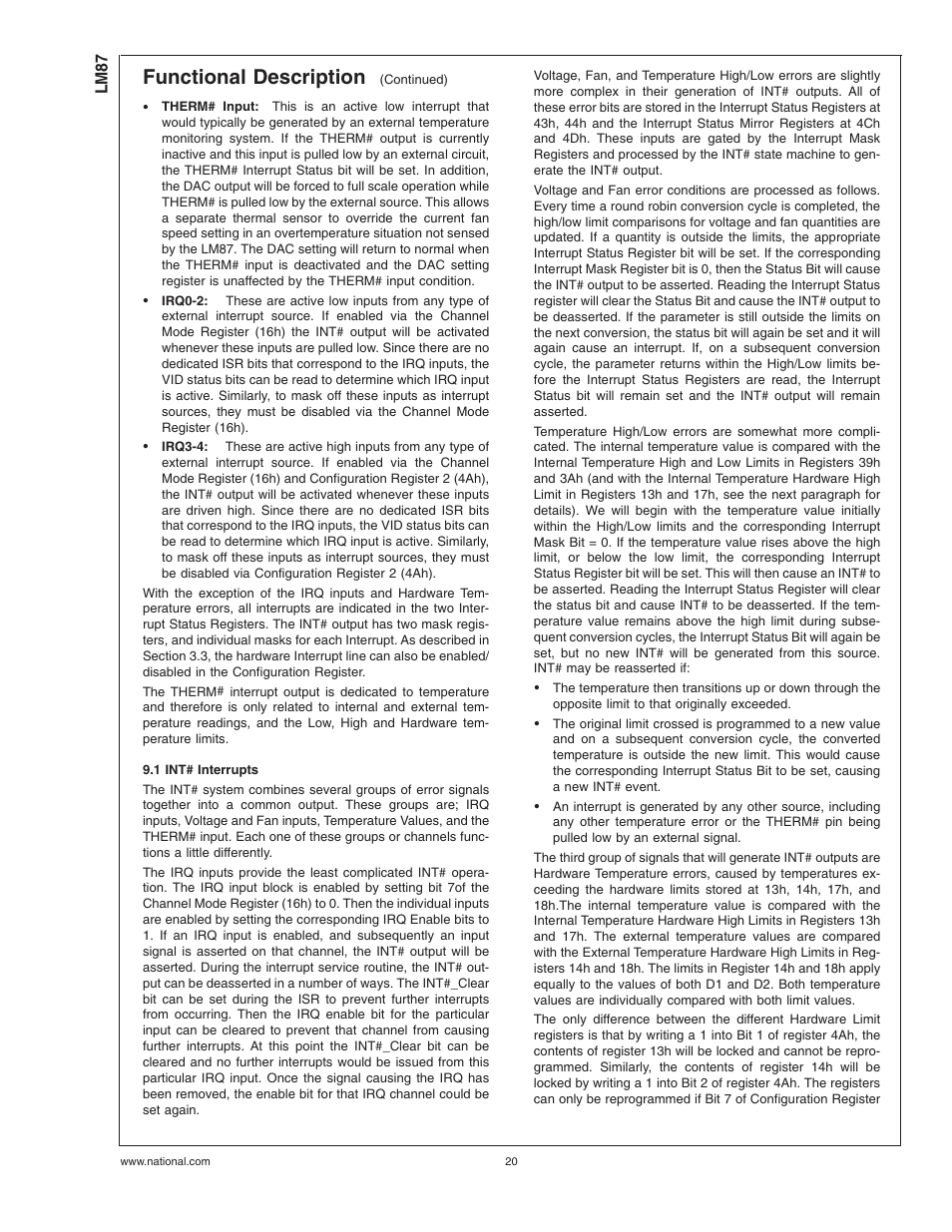 1 int# interrupts, Functional description | Rainbow Electronics LM87 User Manual | Page 20 / 32