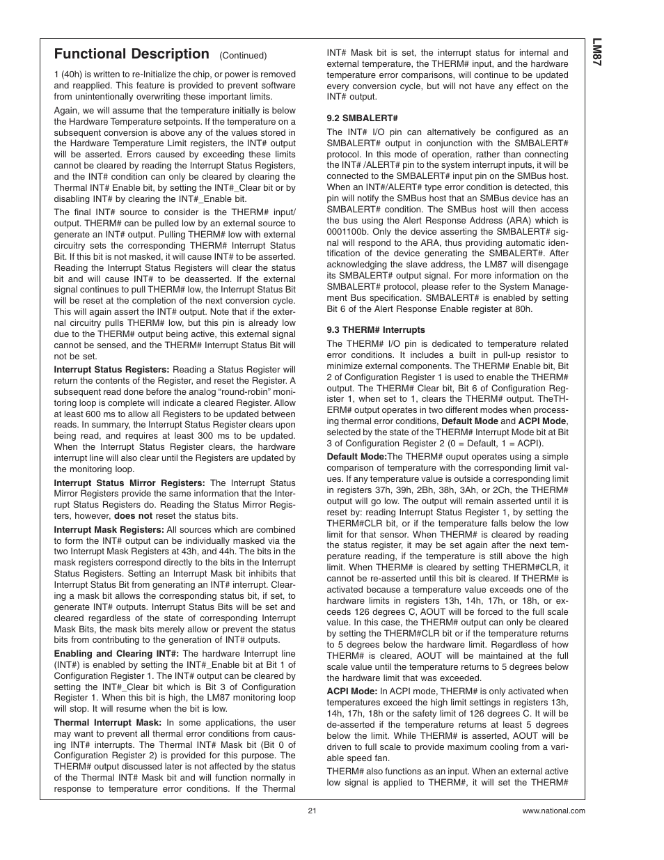 2 smbalert, 3 therm# interrupts, Functional description | Rainbow Electronics LM87 User Manual | Page 21 / 32