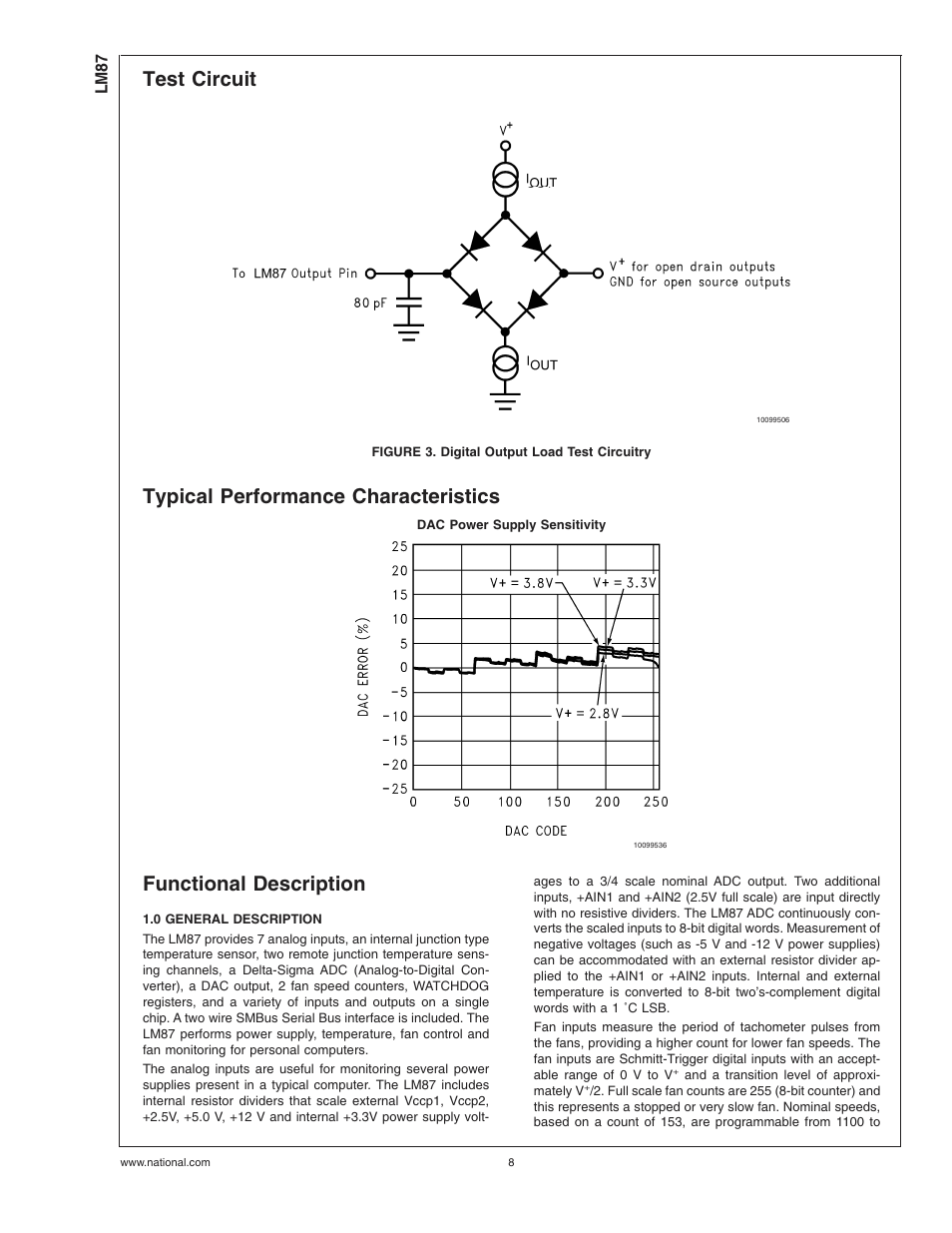 Test circuit, Figure 3. digital output load test circuitry, Typical performance characteristics | Functional description, 0 general description, Test circuit typical performance characteristics | Rainbow Electronics LM87 User Manual | Page 8 / 32