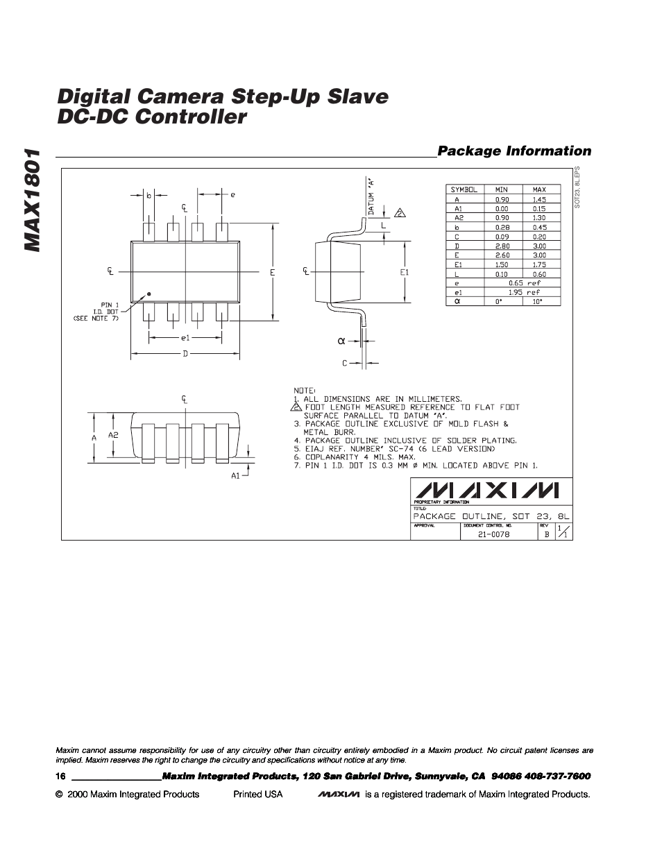 Package information | Rainbow Electronics MAX1801 User Manual | Page 16 / 16