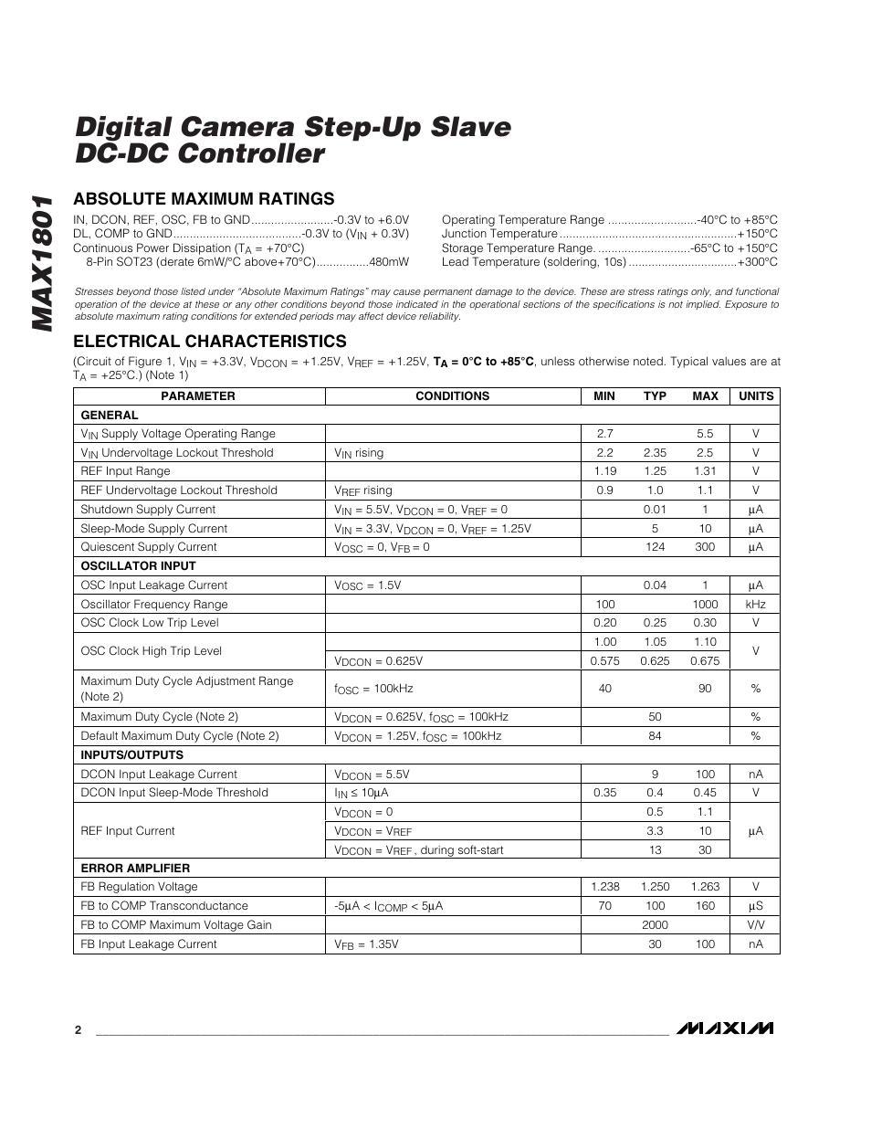 Absolute maximum ratings, Electrical characteristics | Rainbow Electronics MAX1801 User Manual | Page 2 / 16