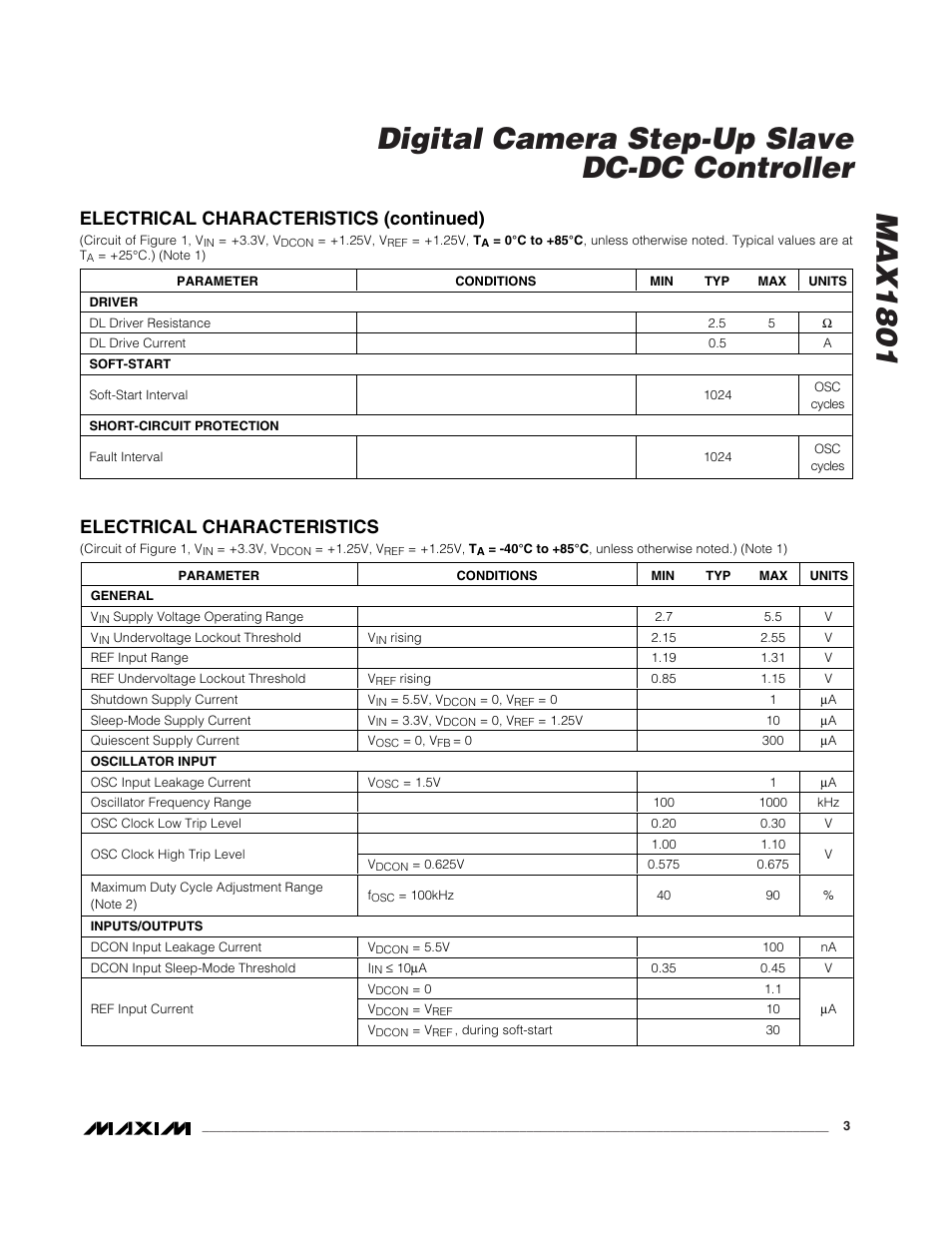 Electrical characteristics, Electrical characteristics (continued) | Rainbow Electronics MAX1801 User Manual | Page 3 / 16