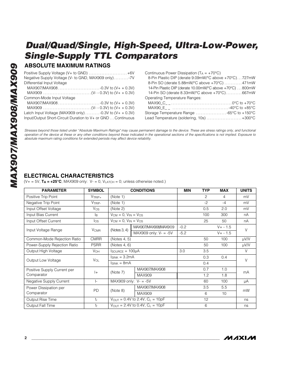 Electrical characteristics, Absolute maximum ratings | Rainbow Electronics MAX909 User Manual | Page 2 / 10