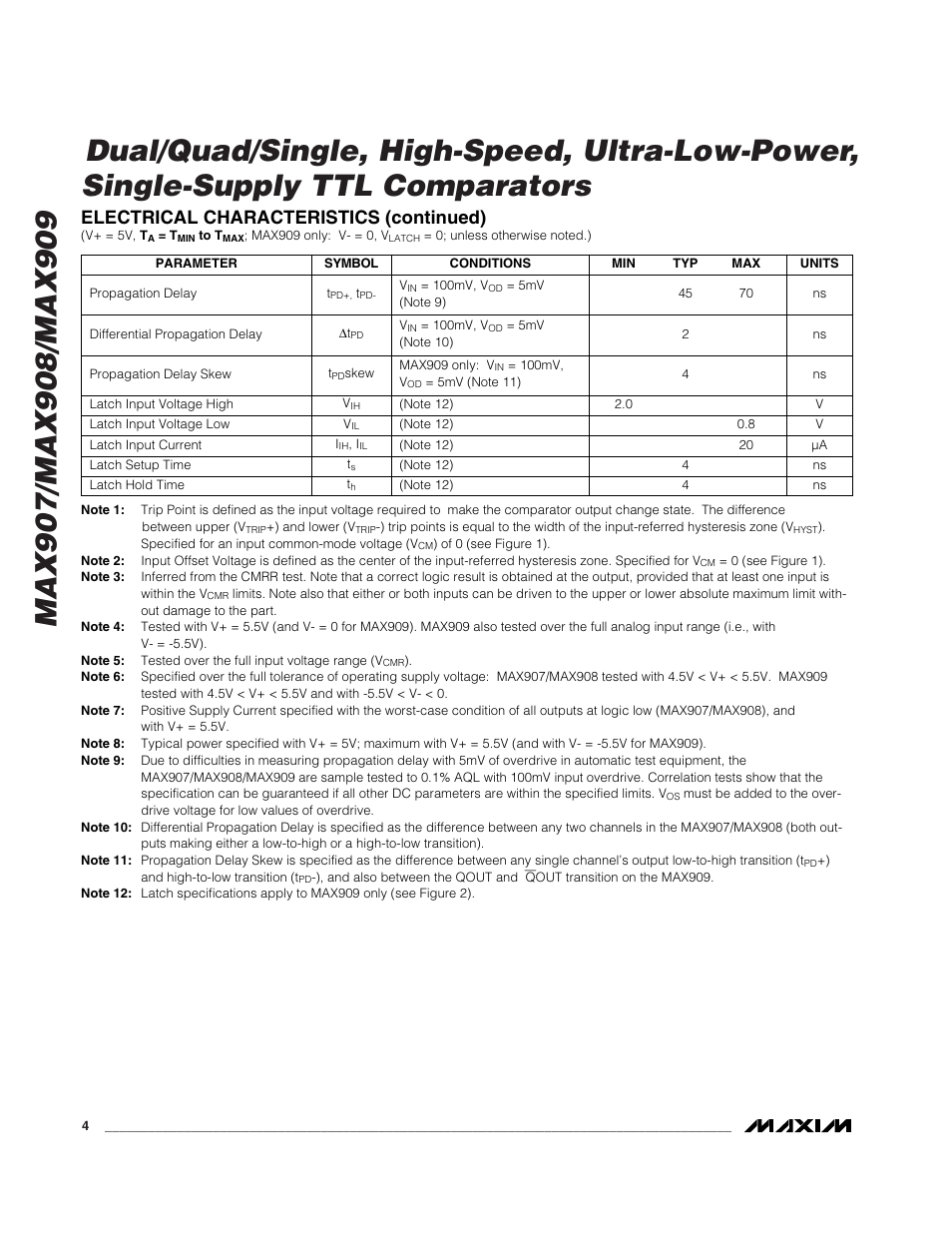 Electrical characteristics (continued) | Rainbow Electronics MAX909 User Manual | Page 4 / 10