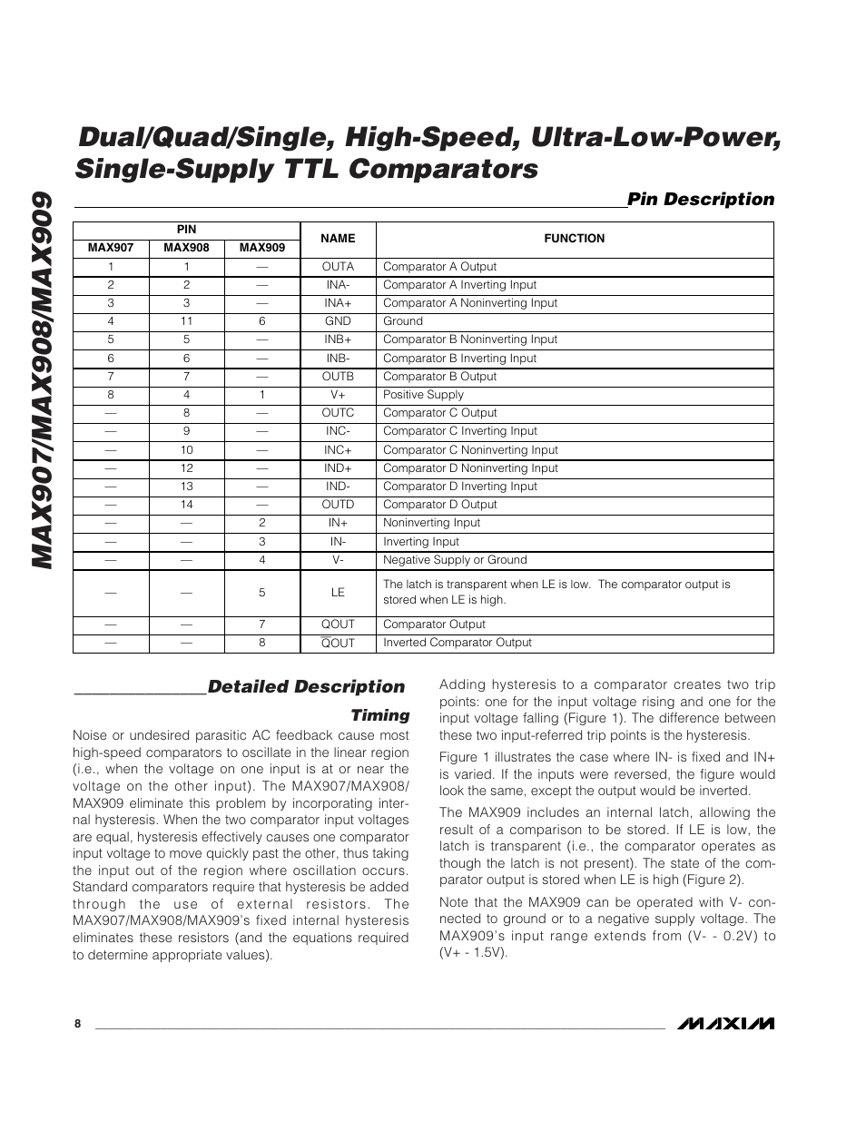 Detailed description, Pin description, Timing | Rainbow Electronics MAX909 User Manual | Page 8 / 10
