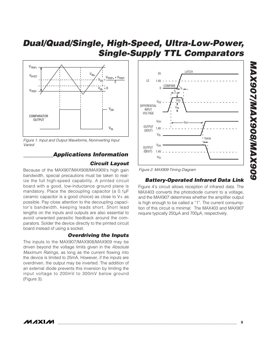 Applications information, Circuit layout, Overdriving the inputs | Battery-operated infrared data link | Rainbow Electronics MAX909 User Manual | Page 9 / 10