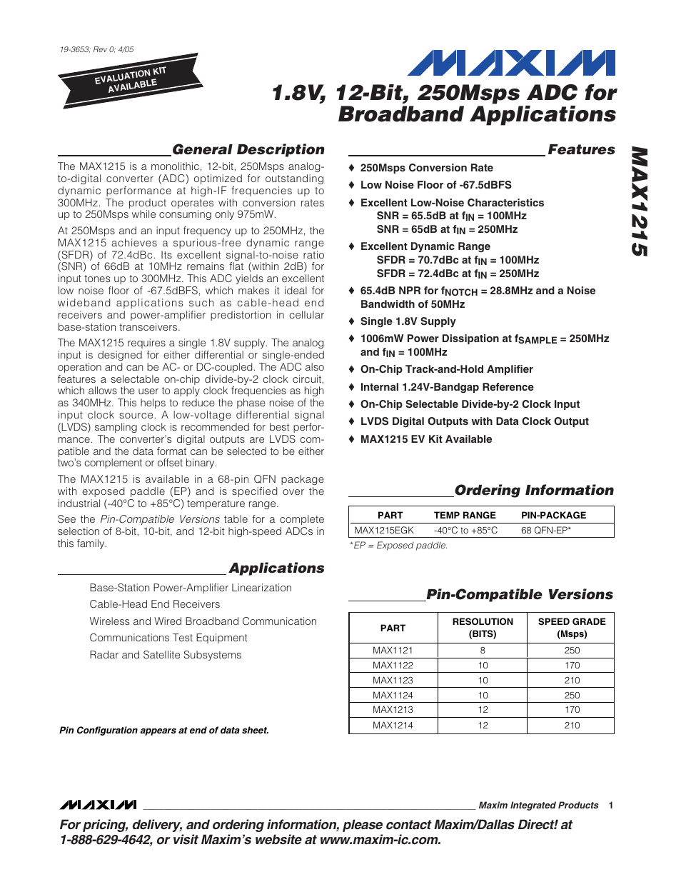 Rainbow Electronics MAX1215 User Manual | 20 pages