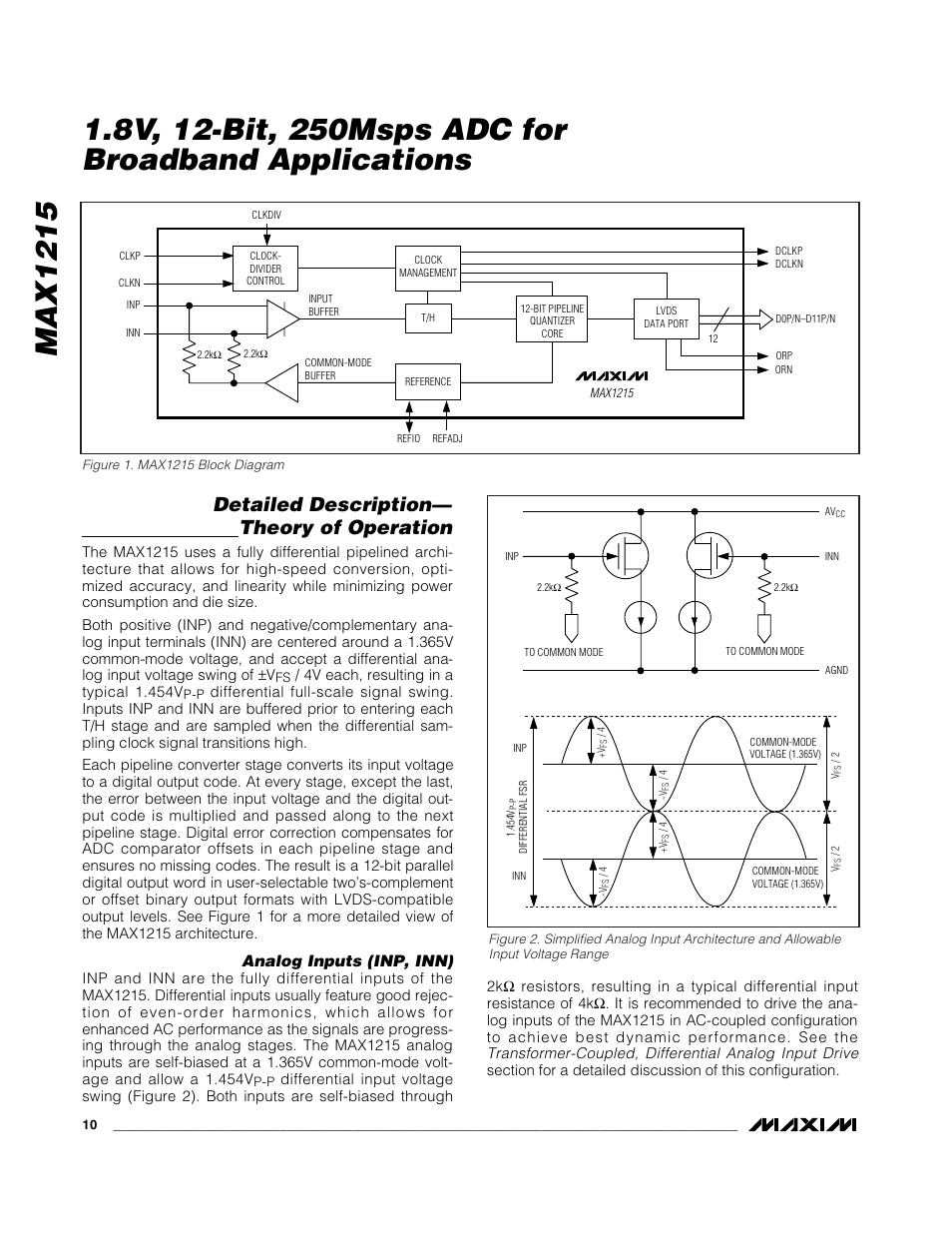 Detailed description— theory of operation, Analog inputs (inp, inn) | Rainbow Electronics MAX1215 User Manual | Page 10 / 20