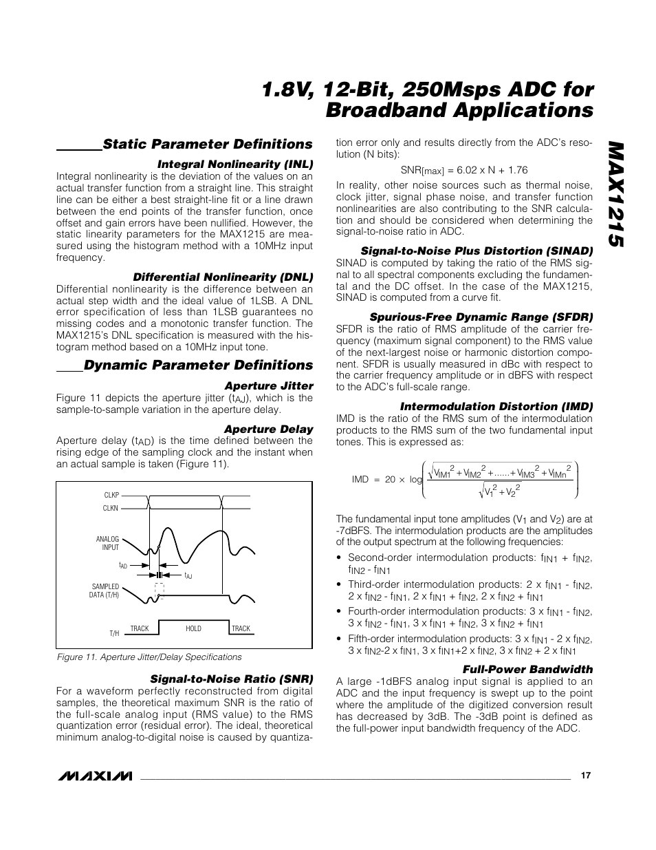Static parameter definitions, Dynamic parameter definitions | Rainbow Electronics MAX1215 User Manual | Page 17 / 20
