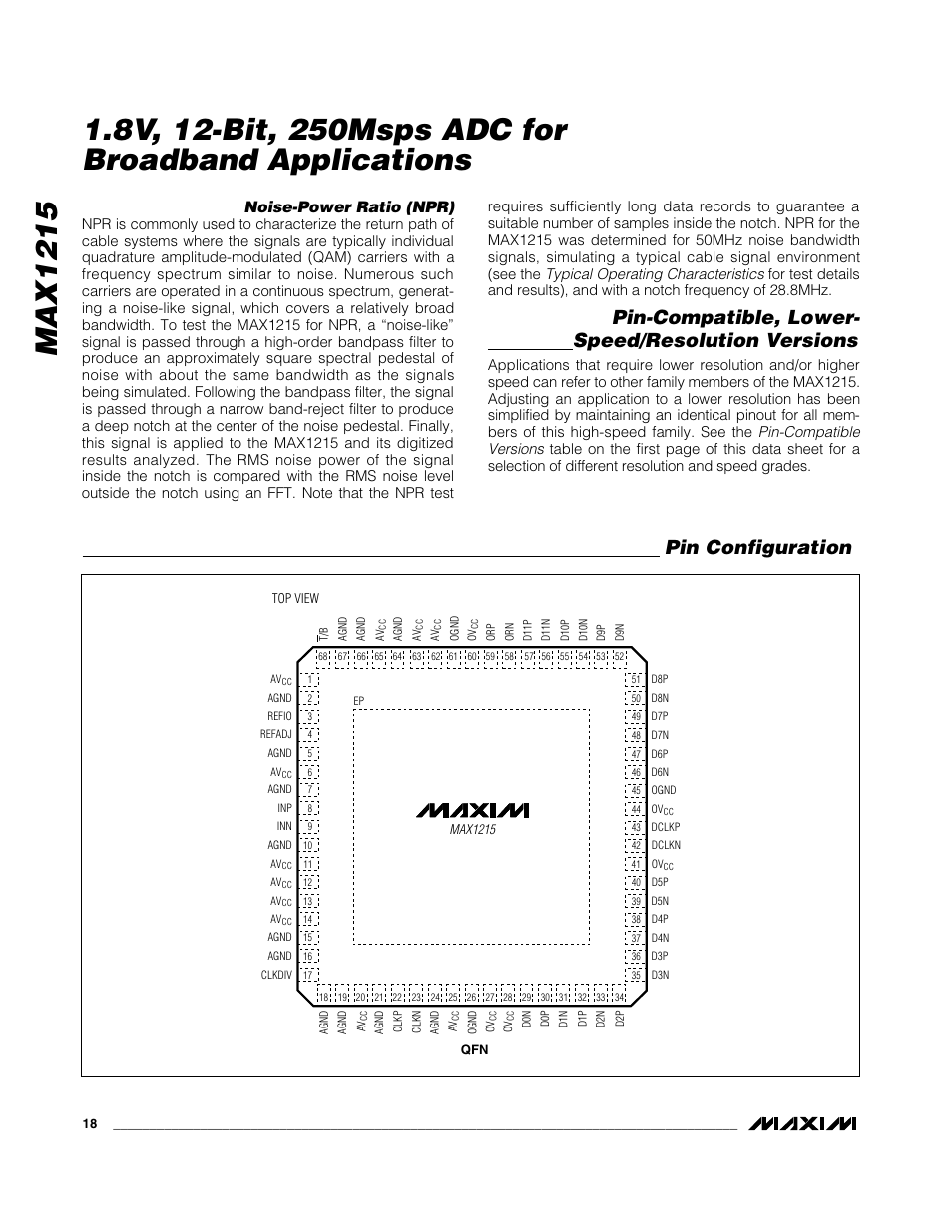 Pin-compatible, lower- speed/resolution versions, Pin configuration, Noise-power ratio (npr) | Rainbow Electronics MAX1215 User Manual | Page 18 / 20