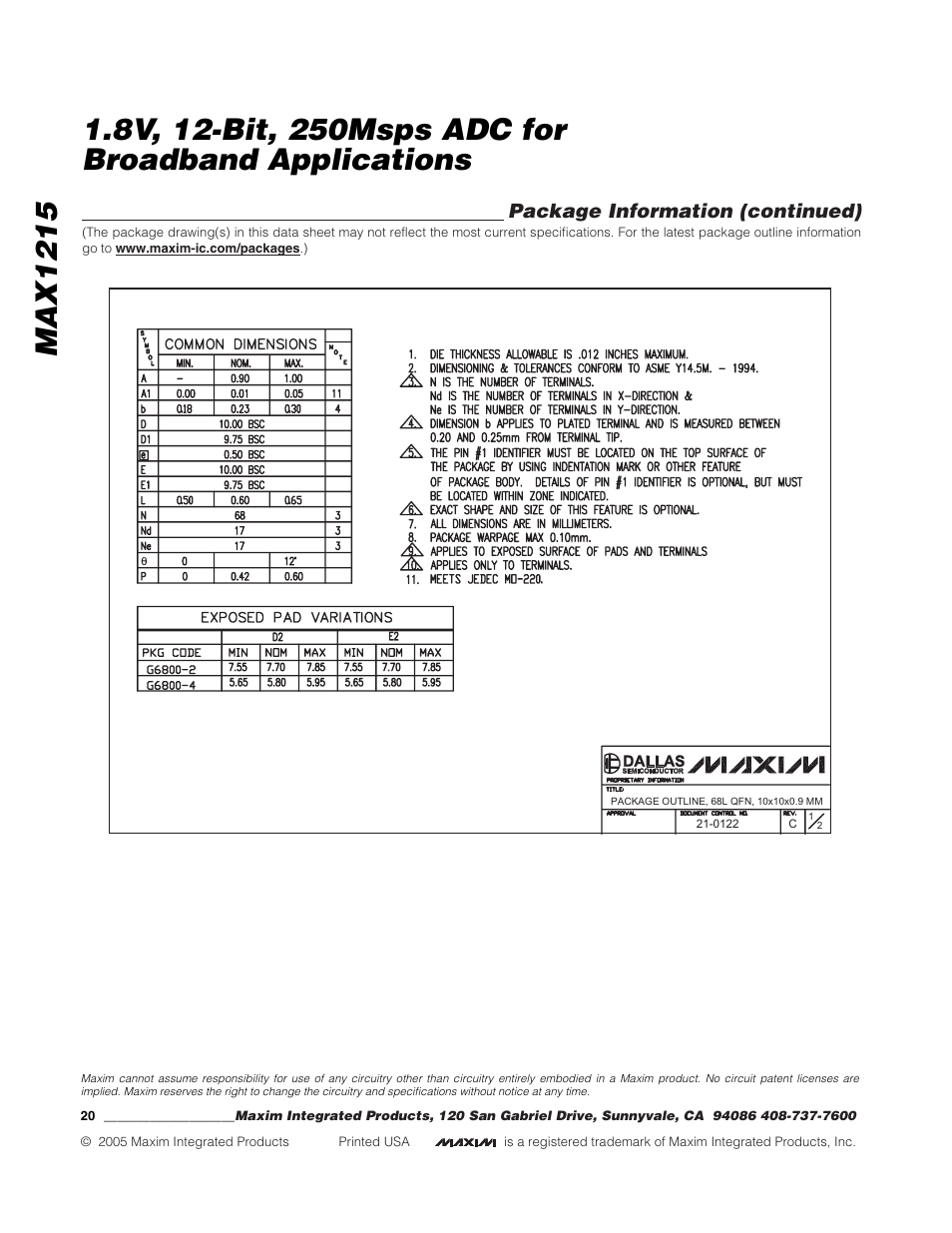 Package information (continued) | Rainbow Electronics MAX1215 User Manual | Page 20 / 20