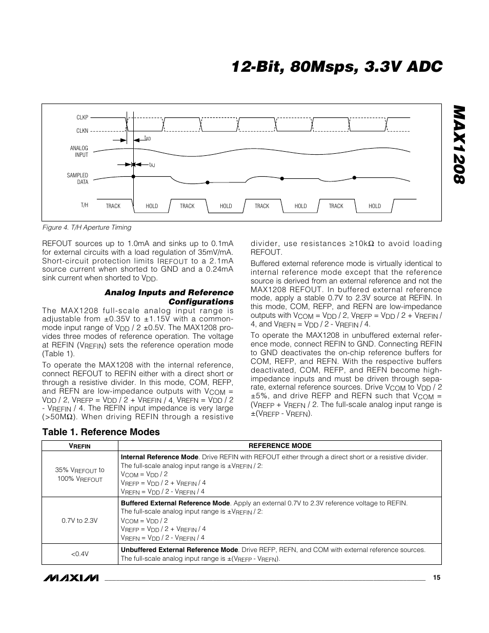 Table 1. reference modes | Rainbow Electronics MAX1208 User Manual | Page 15 / 27
