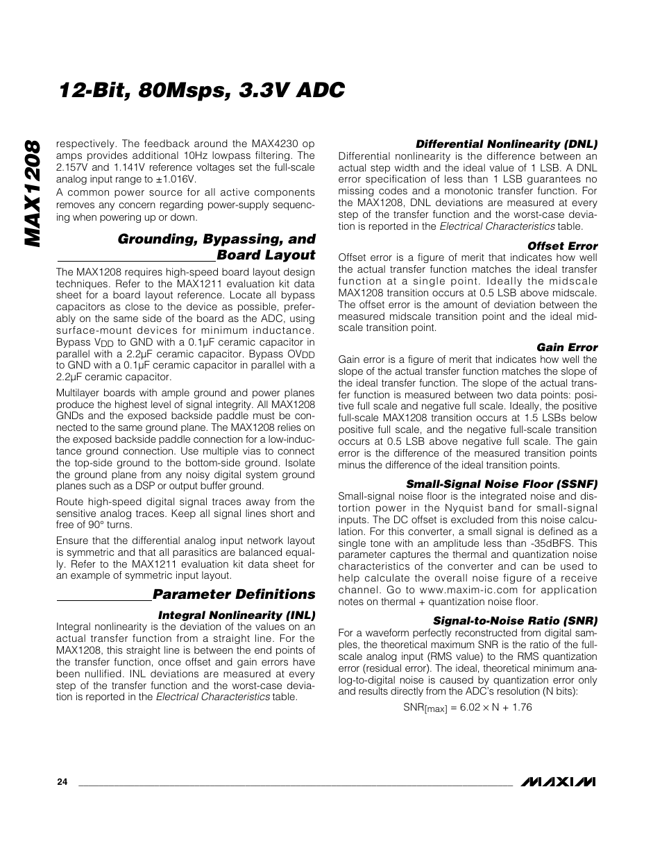 Max1208, Bit, 80msps, 3.3v adc, Grounding, bypassing, and board layout | Parameter definitions | Rainbow Electronics MAX1208 User Manual | Page 24 / 27