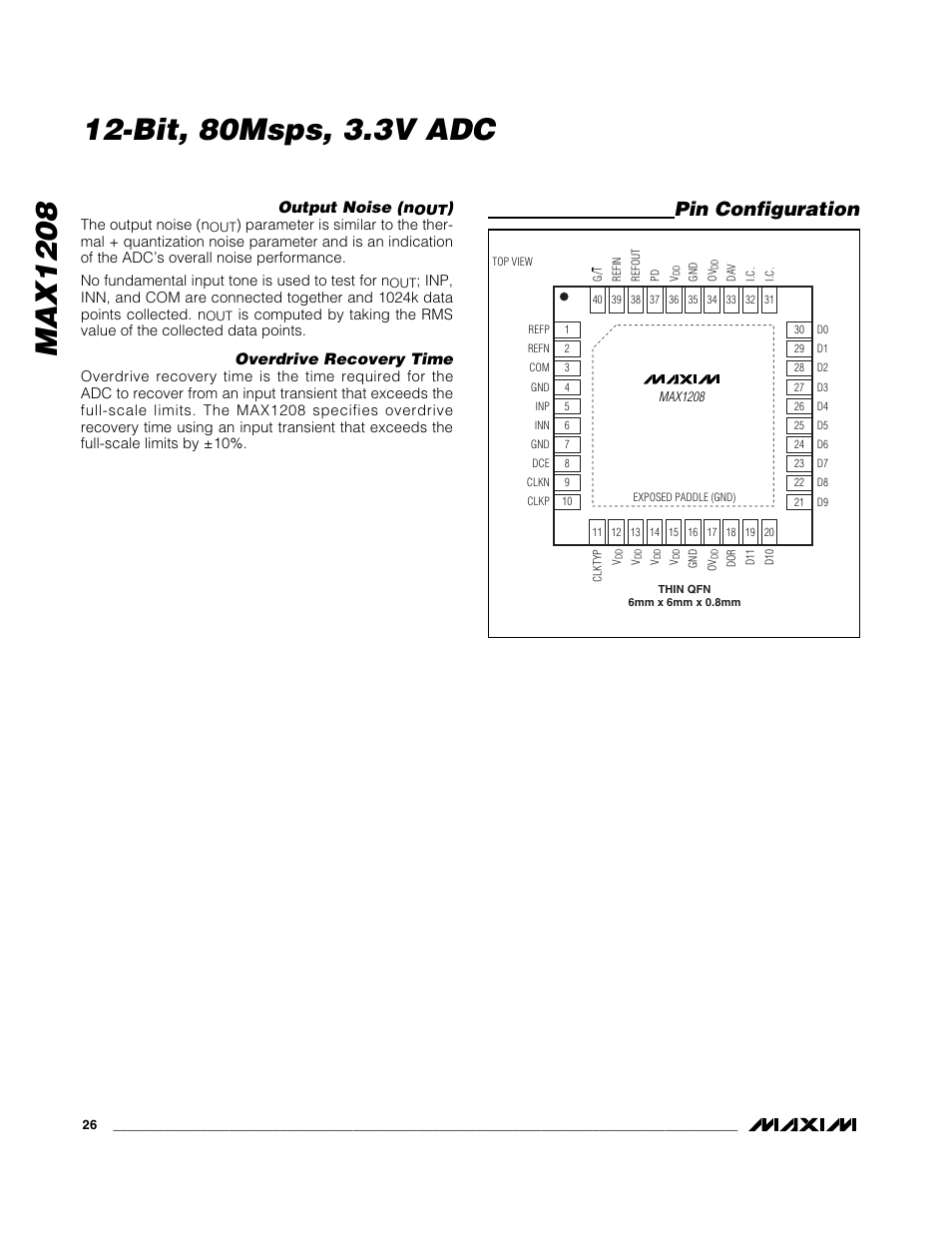Max1208, Bit, 80msps, 3.3v adc, Pin configuration | Rainbow Electronics MAX1208 User Manual | Page 26 / 27