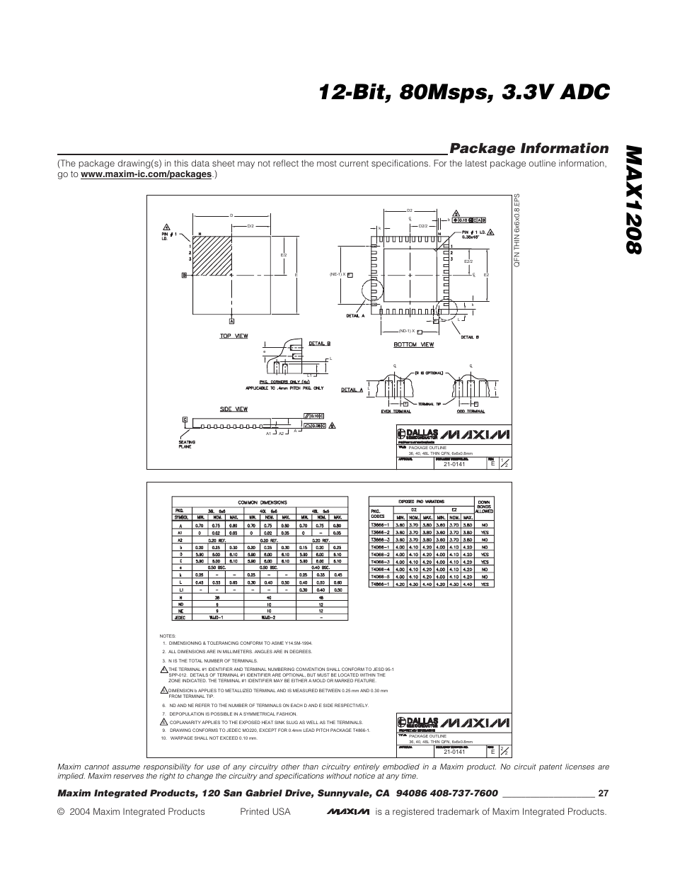 Package information | Rainbow Electronics MAX1208 User Manual | Page 27 / 27