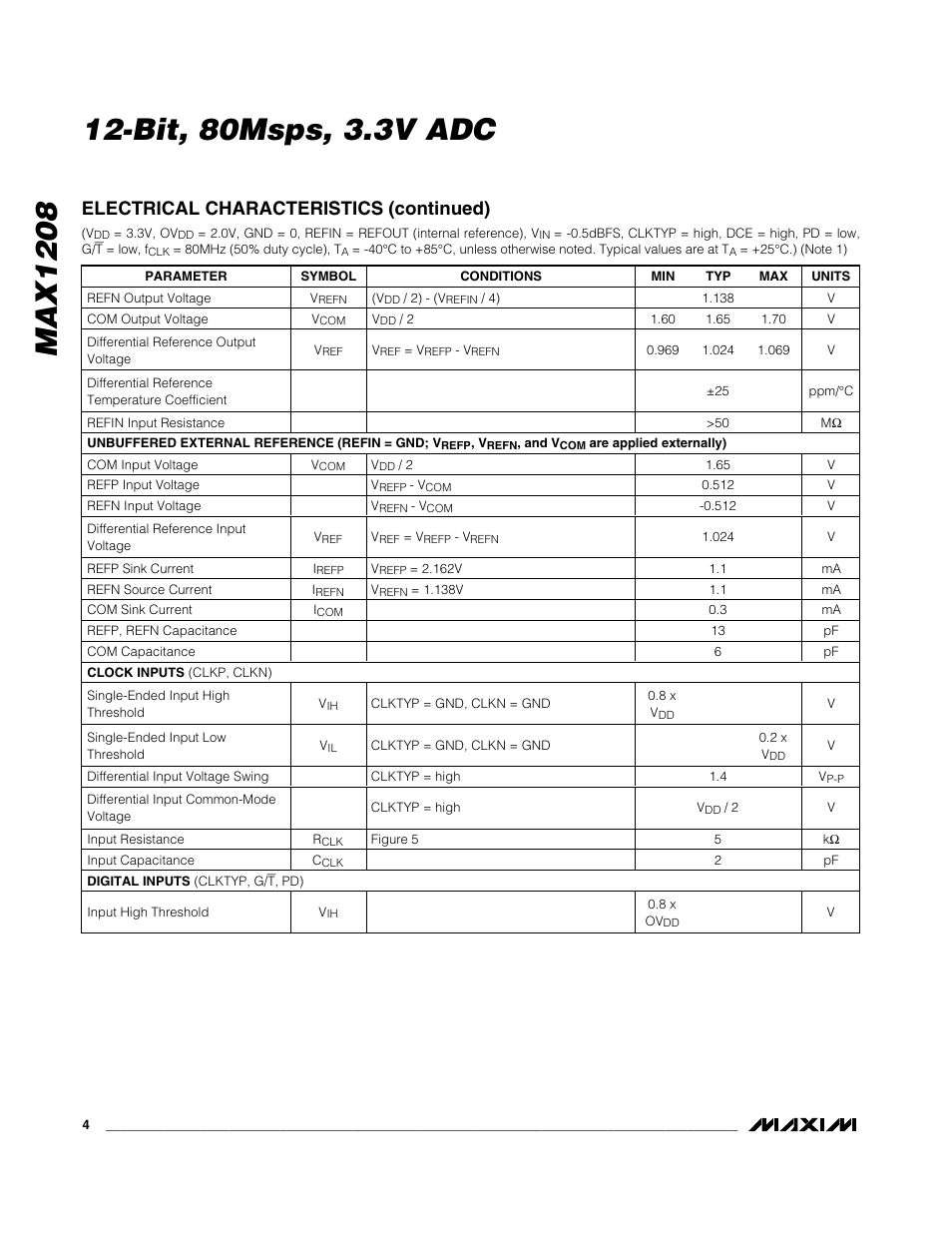 Electrical characteristics (continued) | Rainbow Electronics MAX1208 User Manual | Page 4 / 27