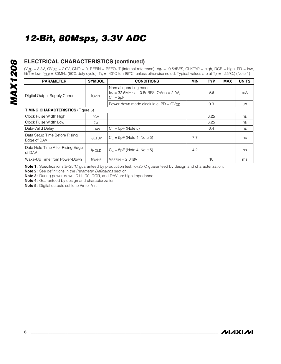 Electrical characteristics (continued) | Rainbow Electronics MAX1208 User Manual | Page 6 / 27