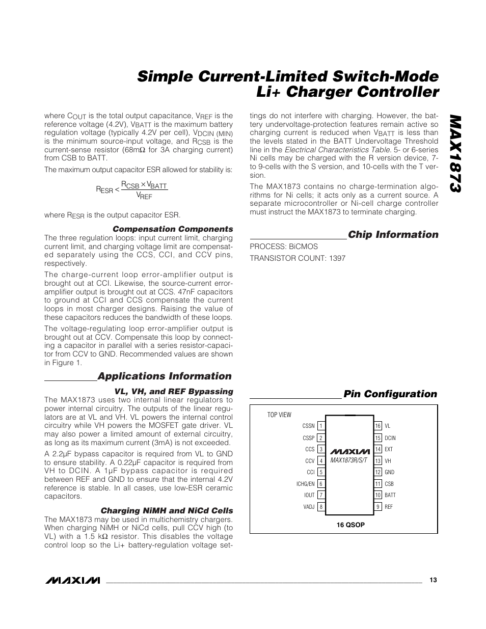 Applications information, Chip information, Pin configuration | Rainbow Electronics MAX1873 User Manual | Page 13 / 14