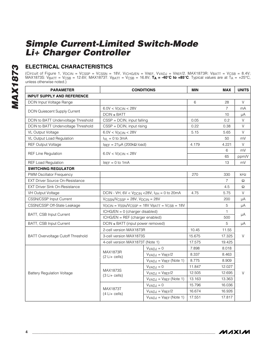 Electrical characteristics | Rainbow Electronics MAX1873 User Manual | Page 4 / 14