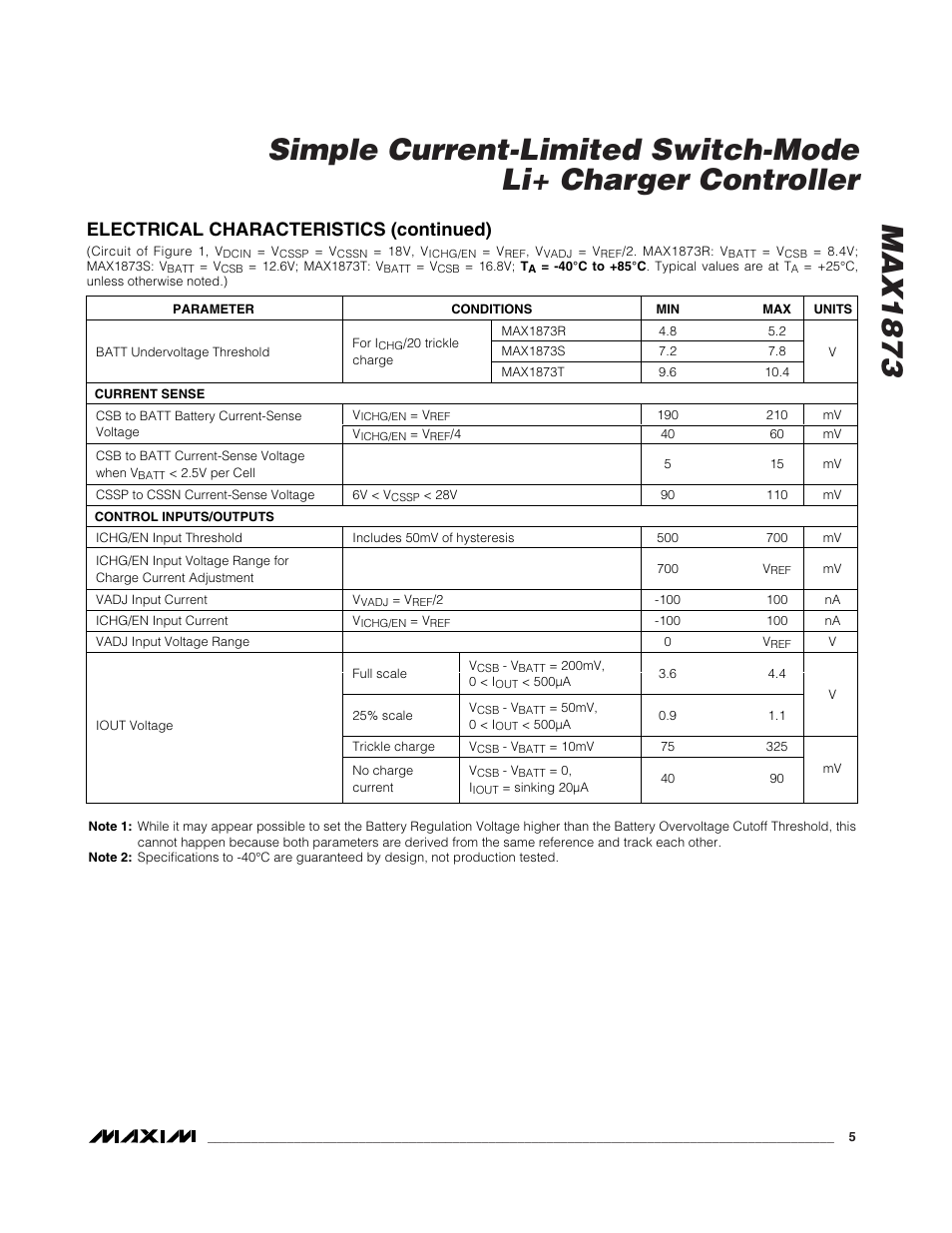 Electrical characteristics (continued) | Rainbow Electronics MAX1873 User Manual | Page 5 / 14