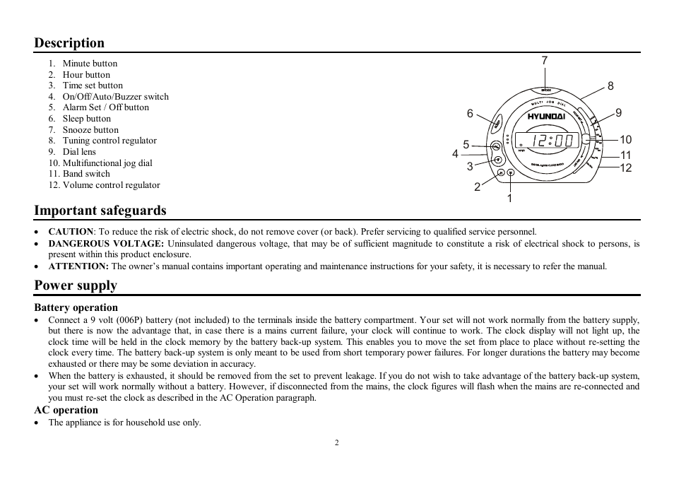 Description, Important safeguards, Power supply | Hyundai H-1507 User Manual | Page 2 / 7