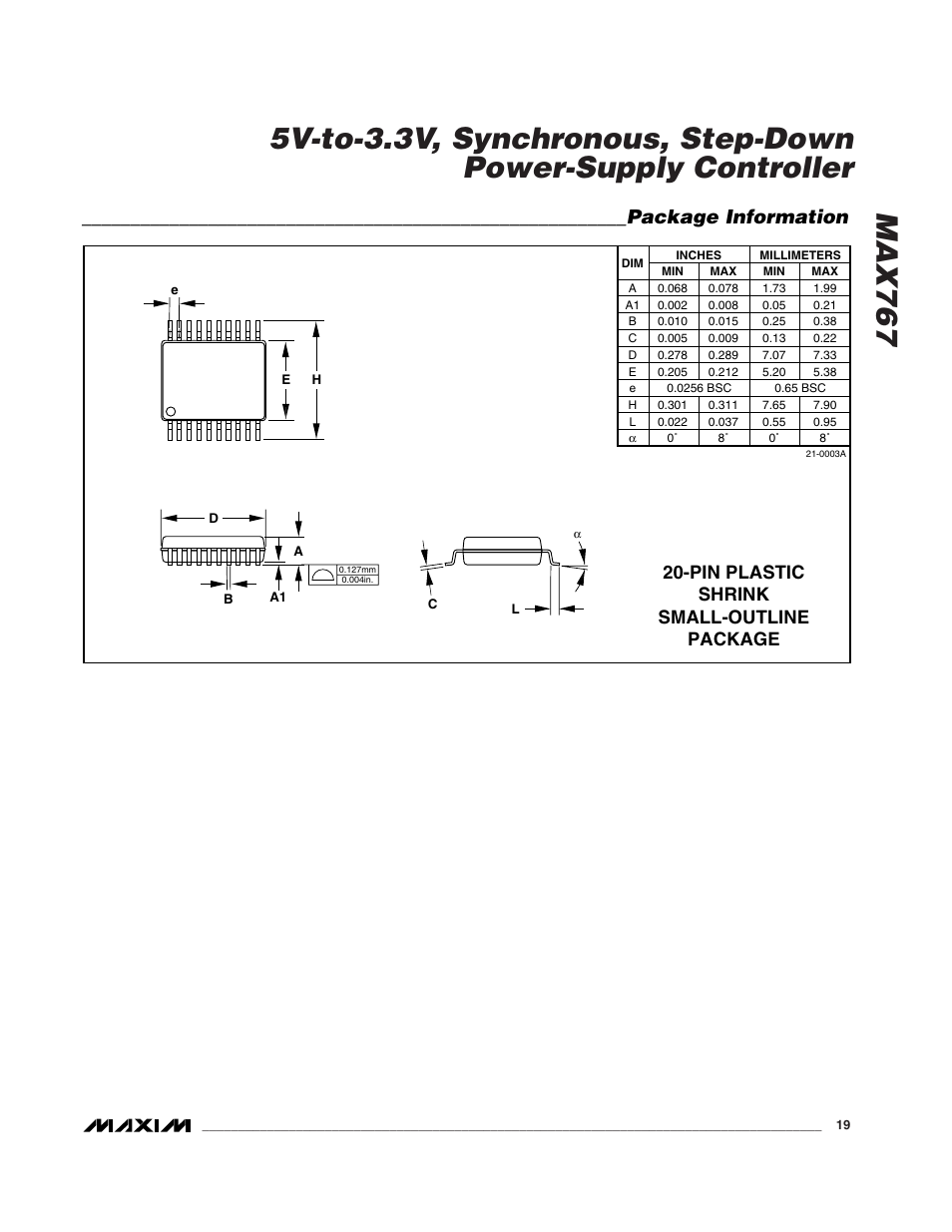 Package information, Pin plastic shrink small-outline package | Rainbow Electronics MAX767 User Manual | Page 19 / 19