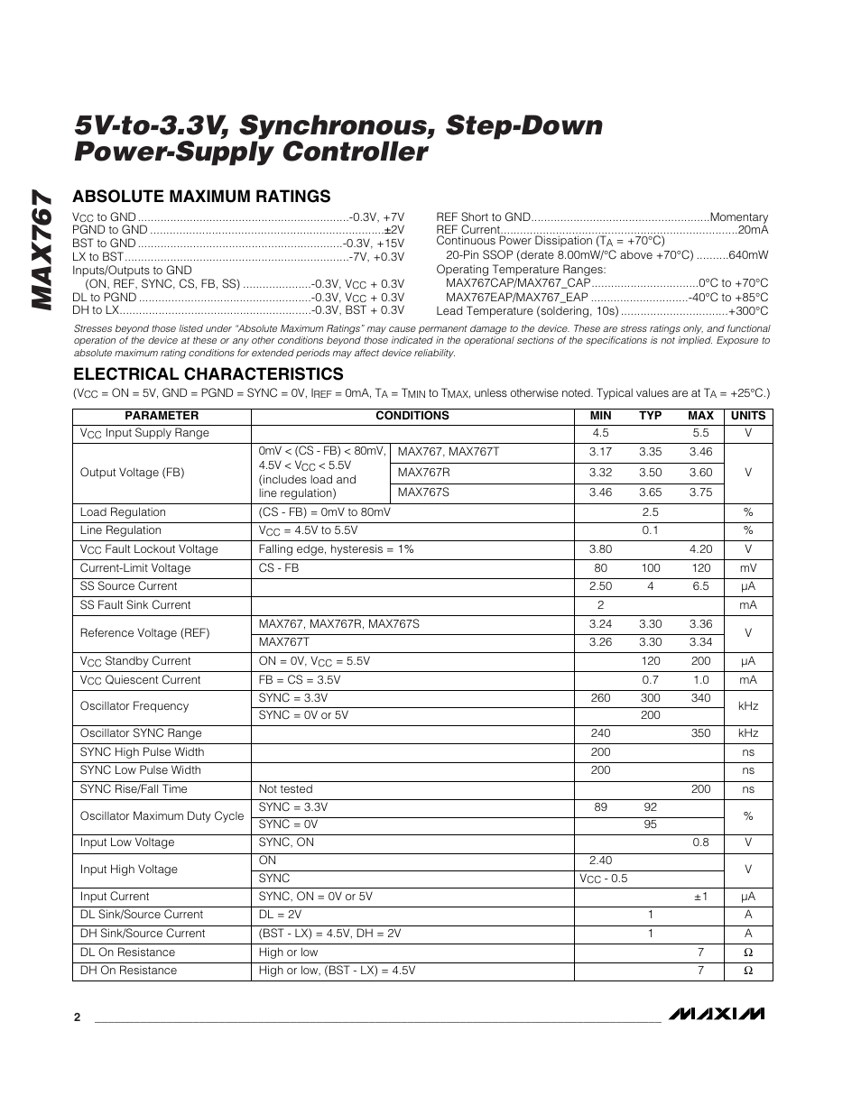Absolute maximum ratings, Electrical characteristics | Rainbow Electronics MAX767 User Manual | Page 2 / 19