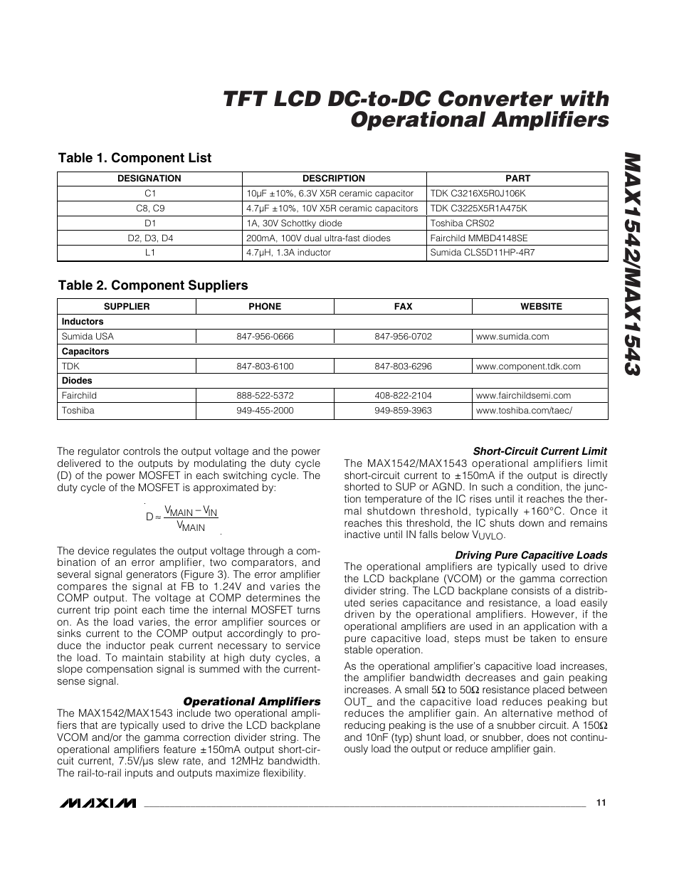 Table 1. component list, Table 2. component suppliers | Rainbow Electronics MAX1543 User Manual | Page 11 / 20